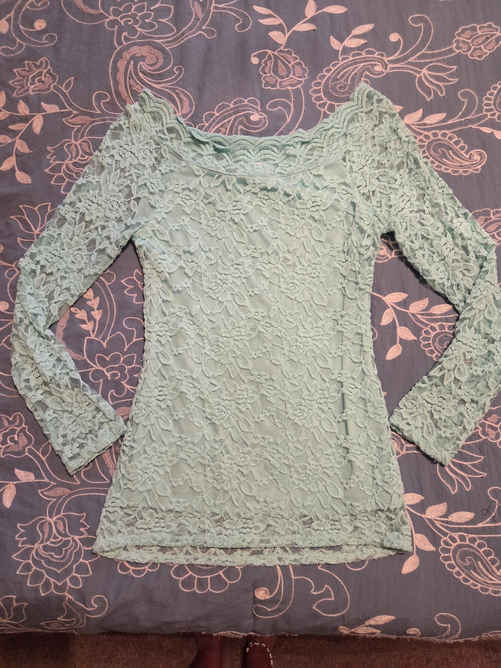 Mint Lace Long Sleeve Off-Shoulder Top